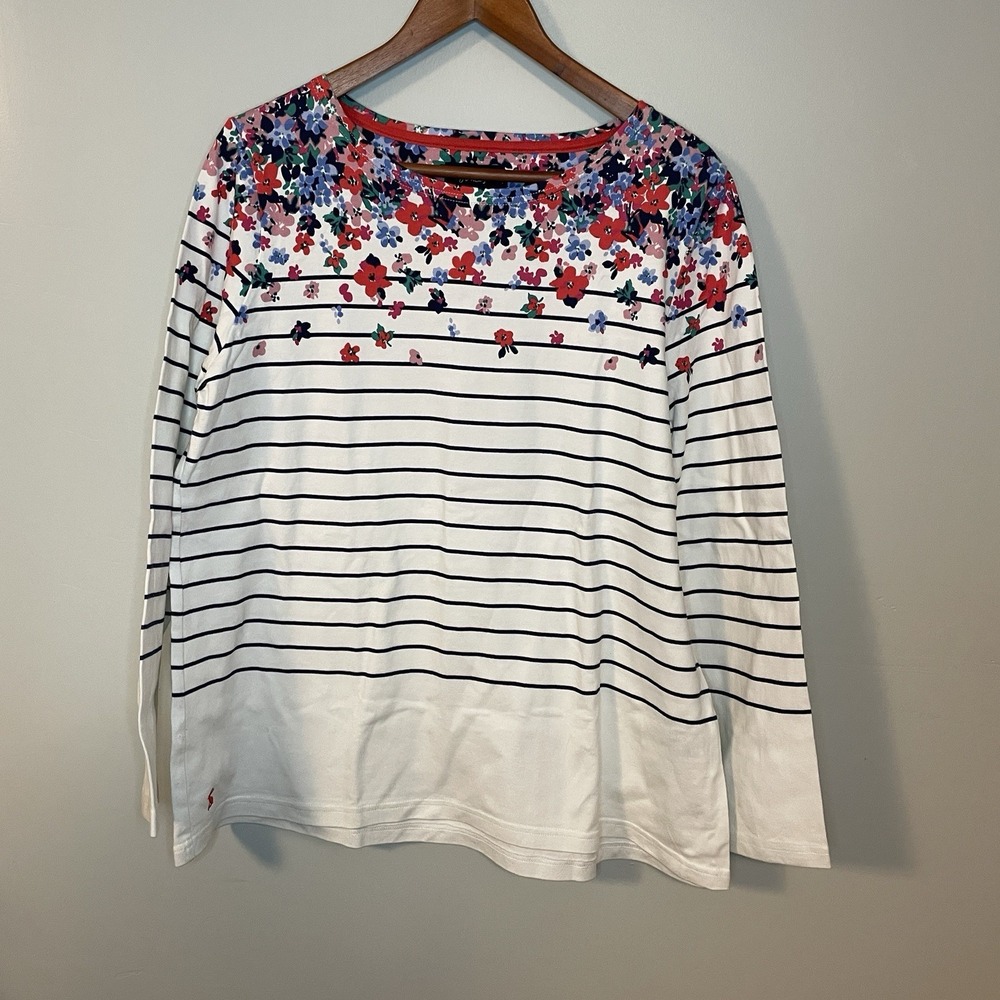 Joules T-Shirt Womens Top Size US 14 Floral Stripe Print Long Sleeve